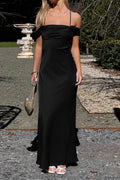 Black Sheath Off-The-Shoulder Sleeveless Crisscross Back Floor-Length Prom Dresses