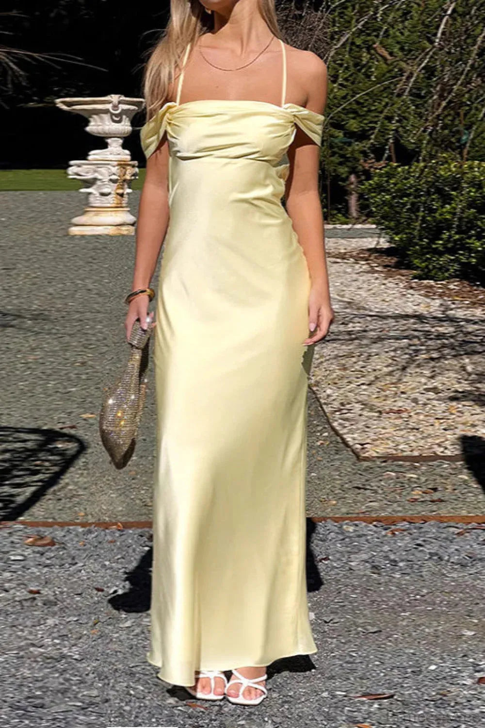 Black Sheath Off-The-Shoulder Sleeveless Crisscross Back Floor-Length Prom Dresses