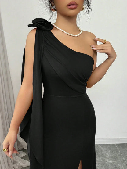 Elegant Black Slit Sheath One-Shoulder Sleeveless Classic-Back Floor-Length Prom Dress