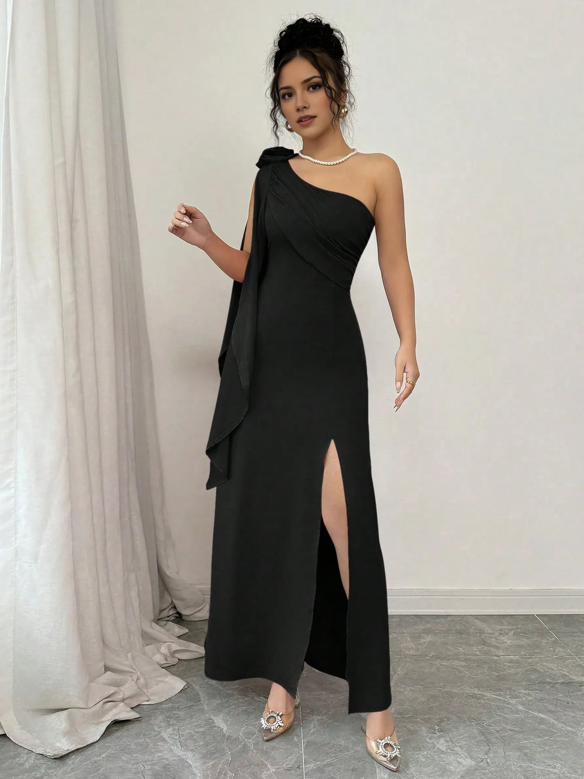 Elegant Black Slit Sheath One-Shoulder Sleeveless Classic-Back Floor-Length Prom Dress