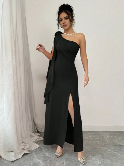 Elegant Black Slit Sheath One-Shoulder Sleeveless Classic-Back Floor-Length Prom Dress
