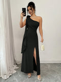 Black Sheath One-Shoulder Sleeveless Floor-Length Drape Detail Slit Prom Dress