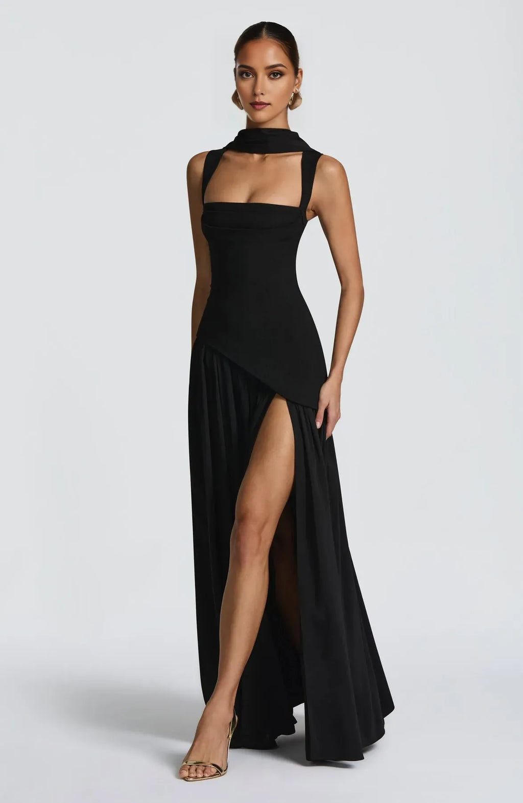 Black Sheath Square Neckline Sleeveless Up Back High Slit Floor -Length Prom Dresses