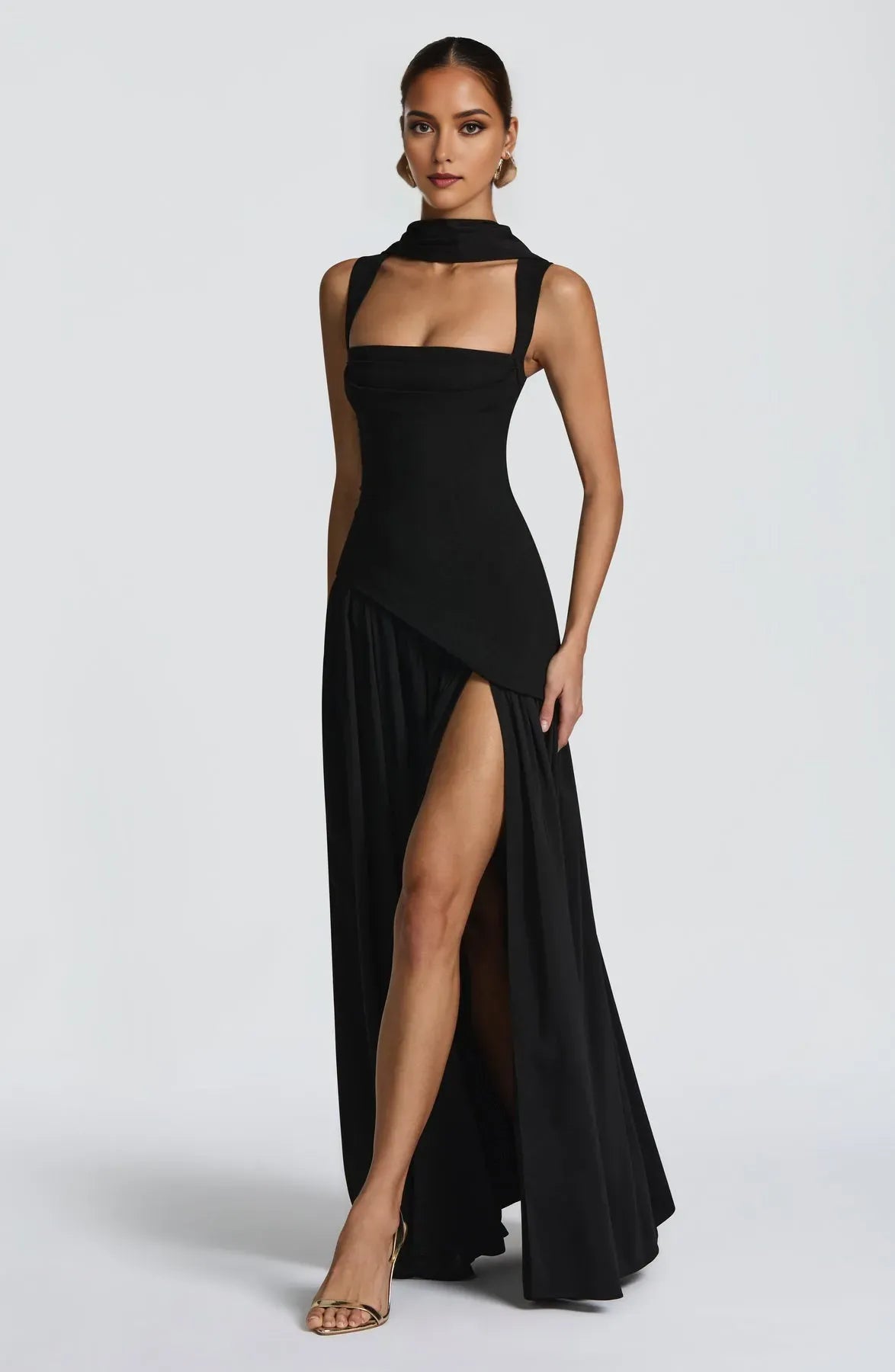 Black Sheath Square Neckline Sleeveless Up Back High Slit Floor -Length Prom Dresses