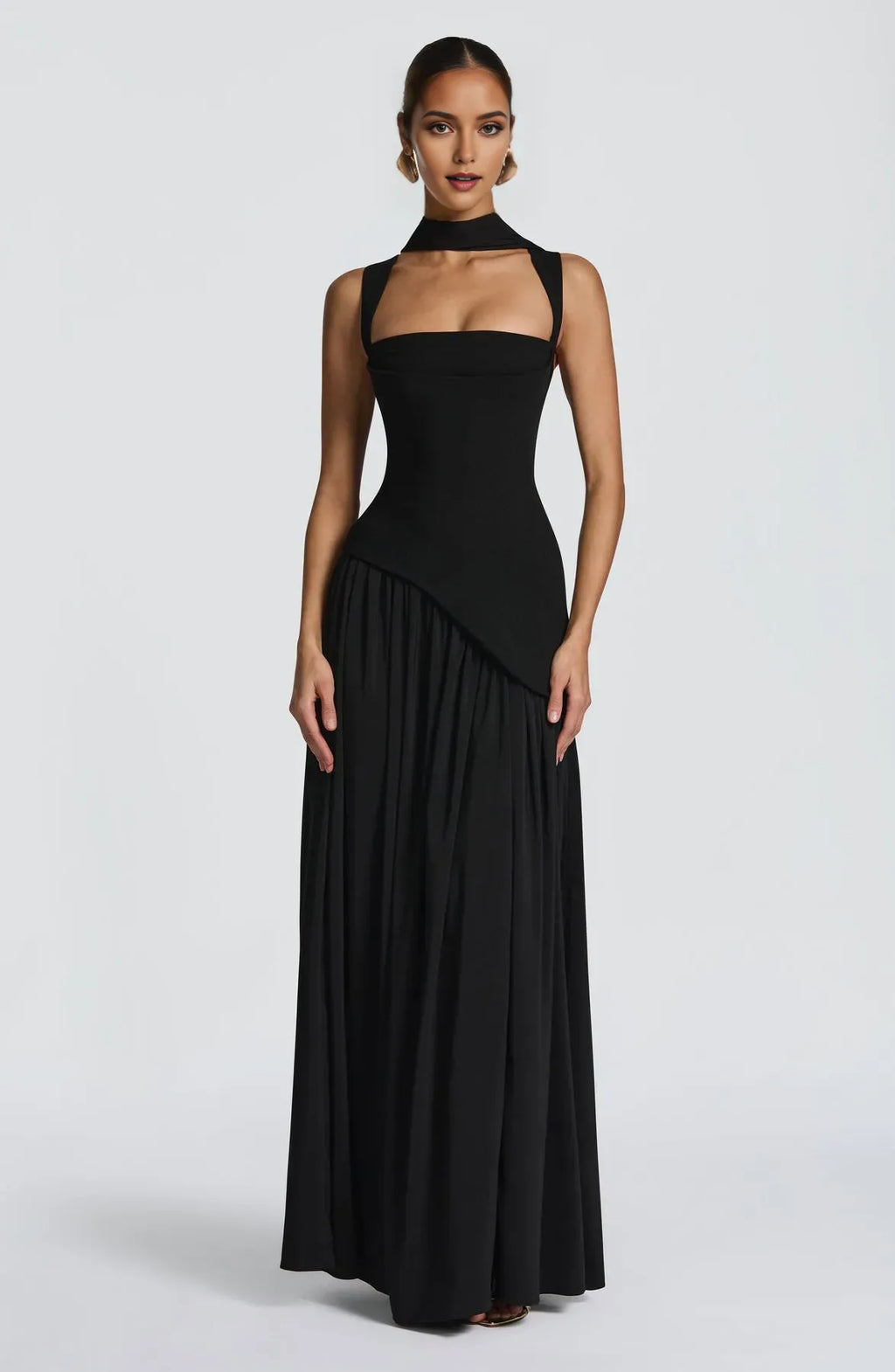 Black Sheath Square Neckline Sleeveless Up Back High Slit Floor -Length Prom Dresses