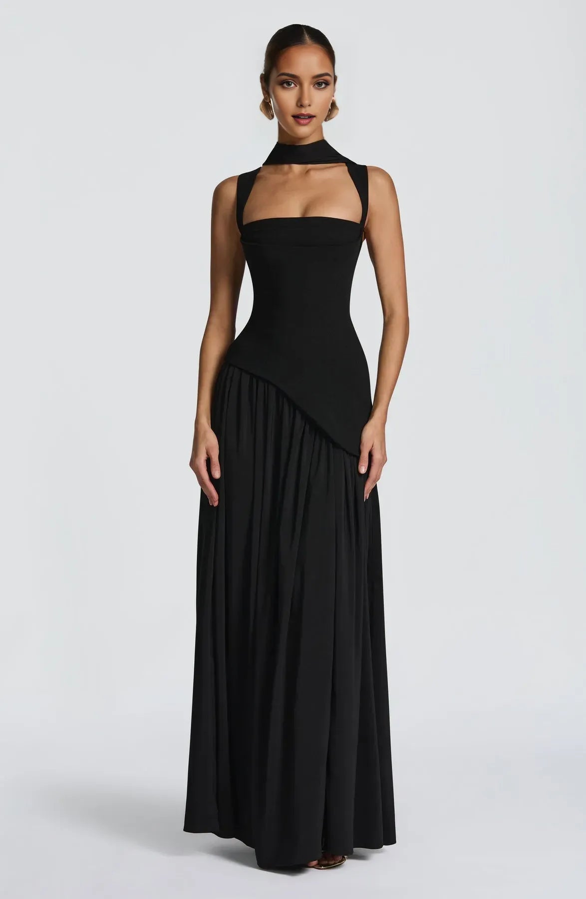 Black Sheath Square Neckline Sleeveless Up Back High Slit Floor -Length Prom Dresses