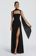 Black Sheath Square Neckline Sleeveless Up Back High Slit Floor -Length Prom Dresses