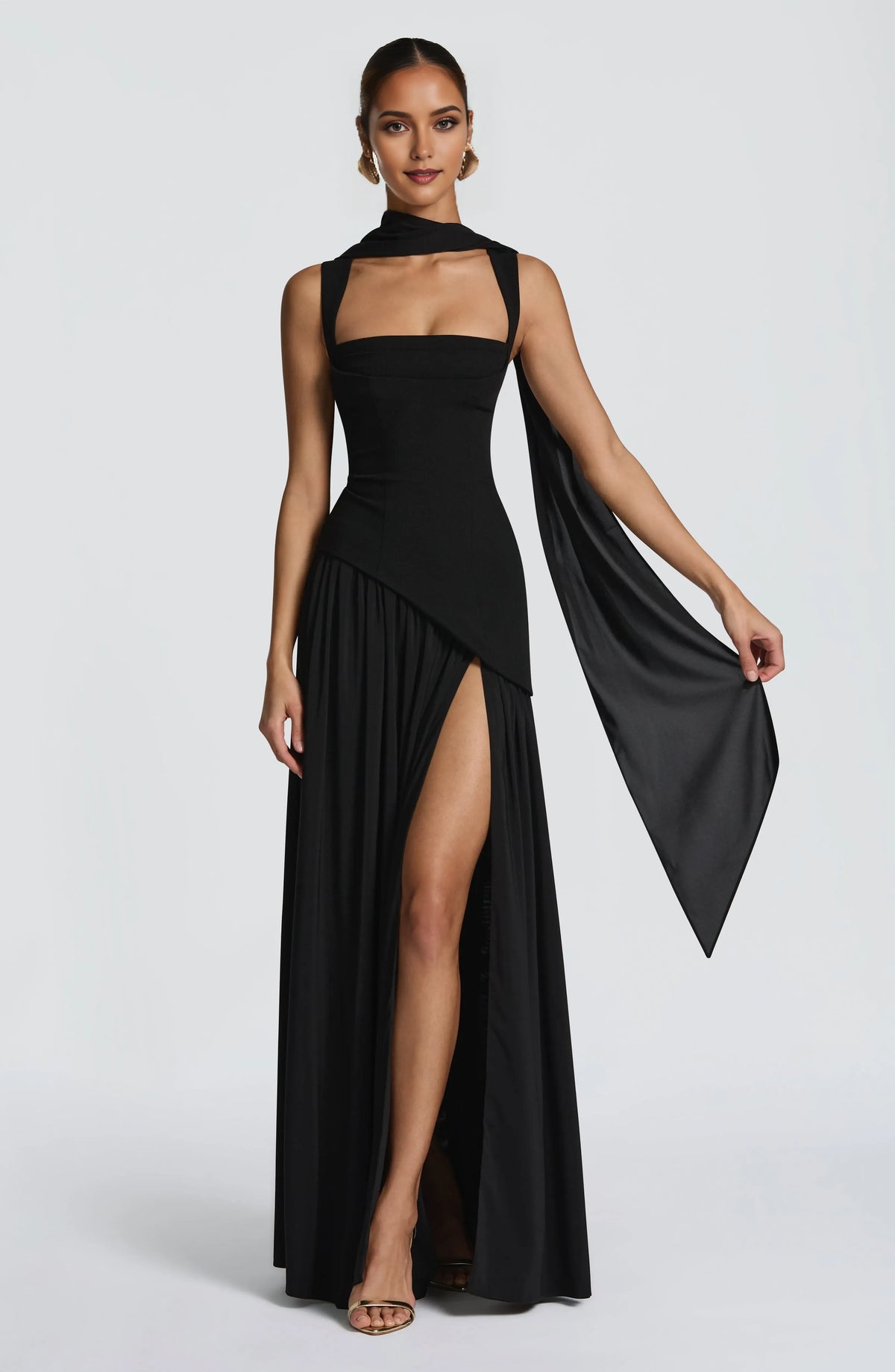 Black Sheath Square Neckline Sleeveless Up Back High Slit Floor -Length Prom Dresses