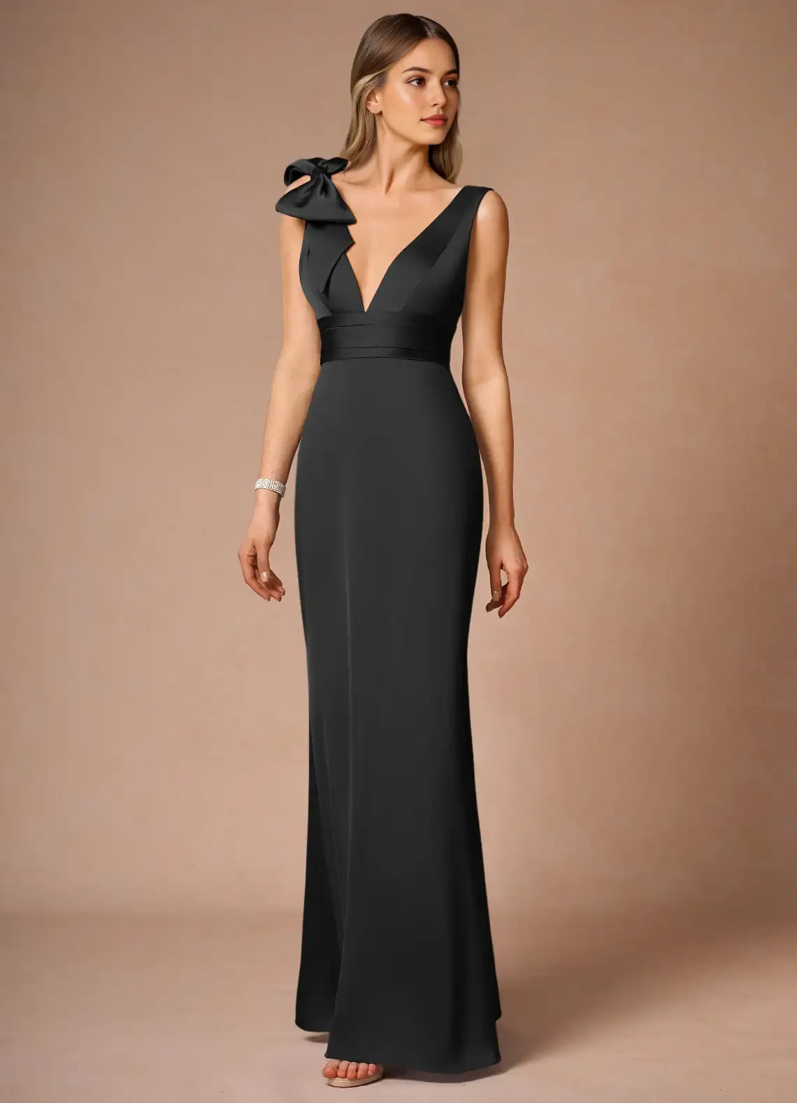 Black Sleeveless Prom Dress with Deep V - Neckline Bow Accent and Waist - Defining Band for Formal Occasions