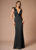 Black Sleeveless Prom Dress with Deep V - Neckline Bow Accent and Waist - Defining Band for Formal Occasions