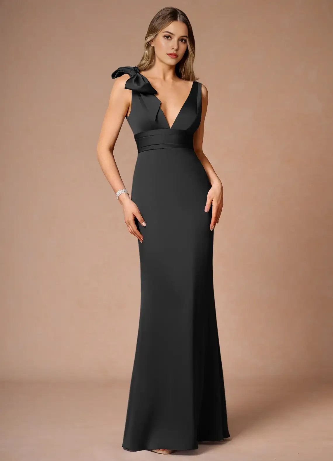 Black Sleeveless Prom Dress with Deep V - Neckline Bow Accent and Waist - Defining Band for Formal Occasions
