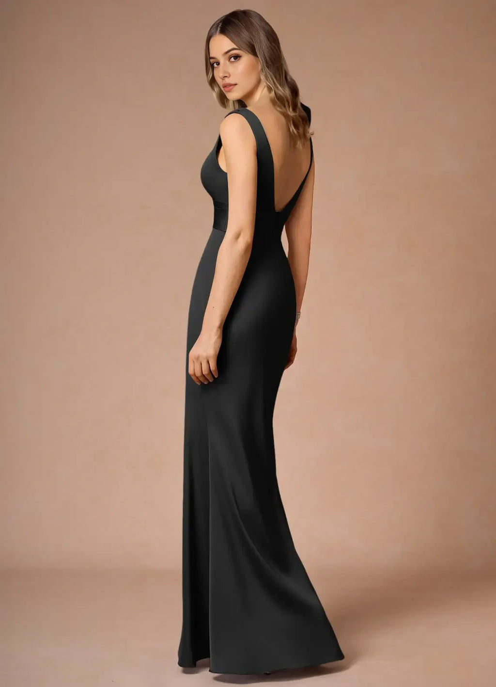 Black Sleeveless Prom Dress with Deep V - Neckline Bow Accent and Waist - Defining Band for Formal Occasions