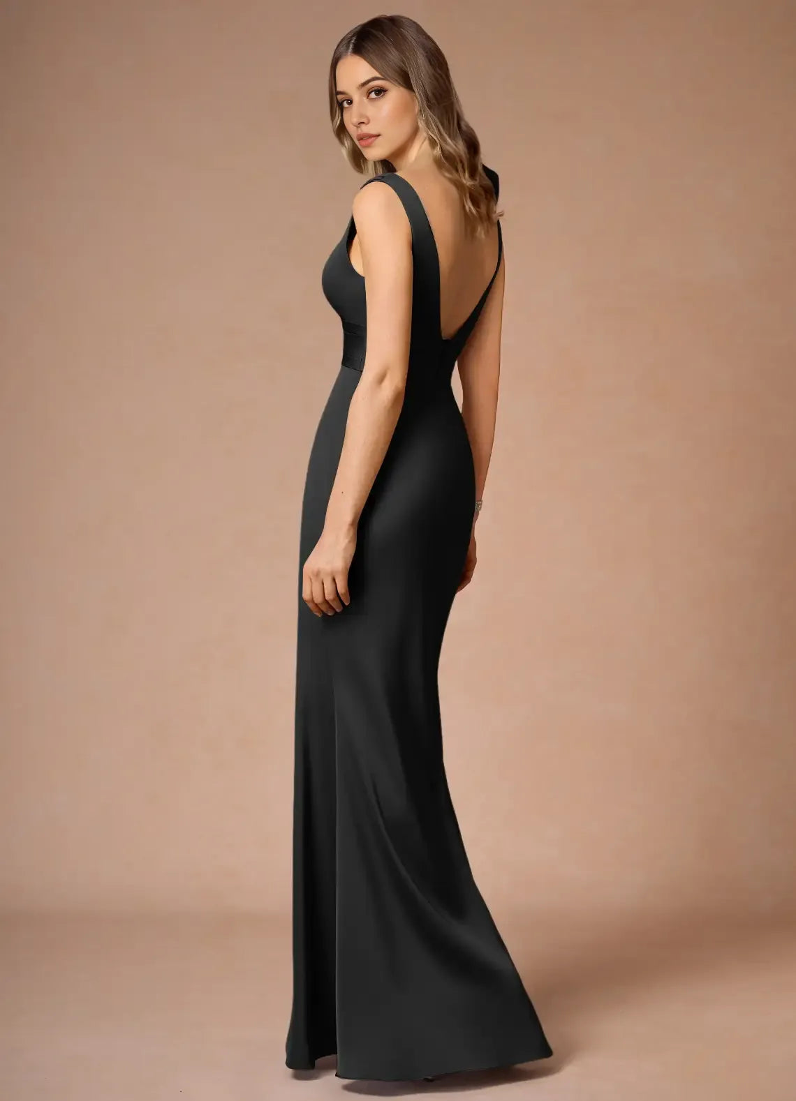 Black Sleeveless Prom Dress with Deep V - Neckline Bow Accent and Waist - Defining Band for Formal Occasions