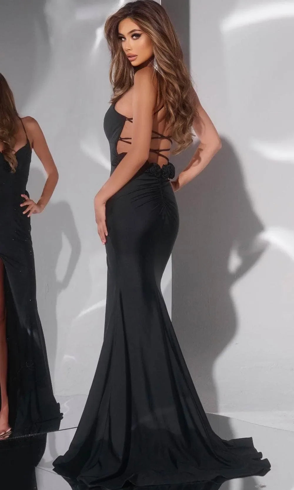 Black Spaghetti Strap V - Neck Prom Gown with Side Slit and Floral Accents Perfect for Formal Evening Events