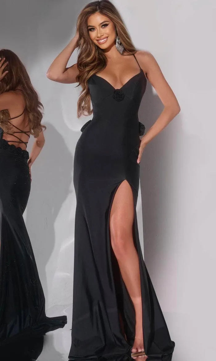 Black Spaghetti Strap V - Neck Prom Gown with Side Slit and Floral Accents Perfect for Formal Evening Events