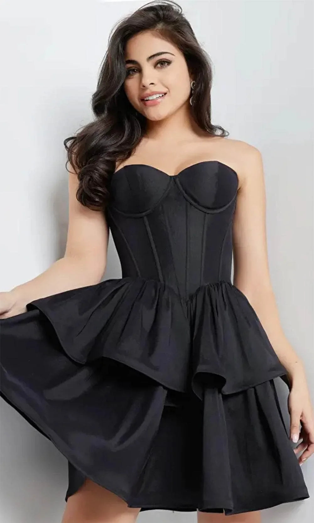 Black Strapless Corset Homecoming Dress with Tiered Ruffle Skirt Perfect for Prom Nights