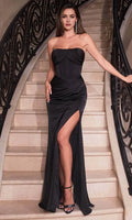 Black Strapless Corset Prom Dress with Side Slit and Draped Detail Perfect for Formal Evening Events