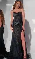 Black Strapless Corset Style Evening Gown with Draping and High - Slit Skirt for Proms and Galas