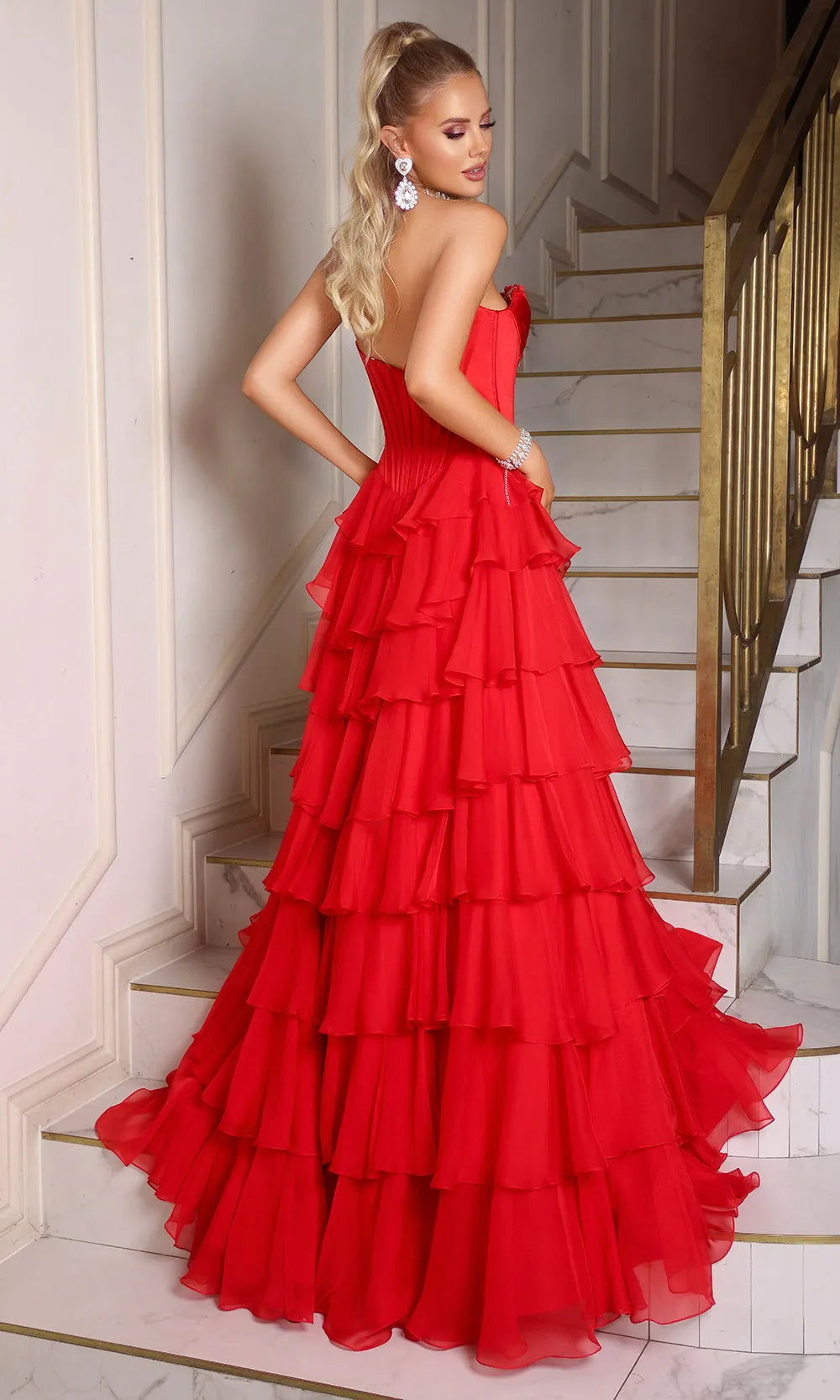 Black Strapless Evening Dress featuring Accent Corset Style Top Tiered Ruffled Hem and Side Slit to Elevate Your Night