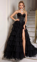 Black Strapless Evening Dress featuring Accent Corset Style Top Tiered Ruffled Hem and Side Slit to Elevate Your Night