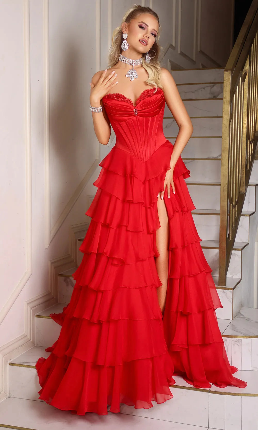 Black Strapless Evening Dress featuring Accent Corset Style Top Tiered Ruffled Hem and Side Slit to Elevate Your Night