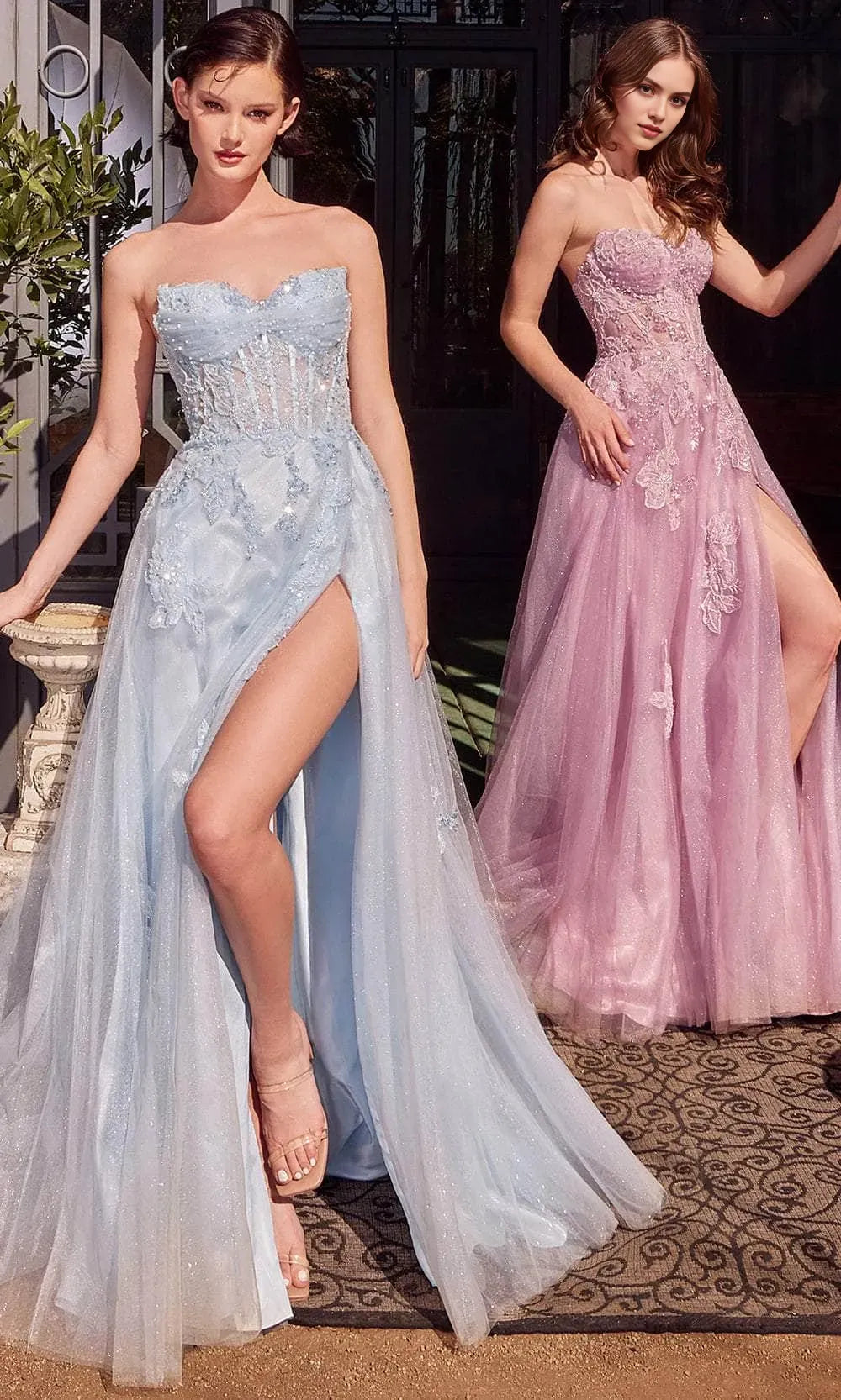 Black Strapless Glitter Prom Dress with Appliqués and High Side Slit for Formal Evening Occasions