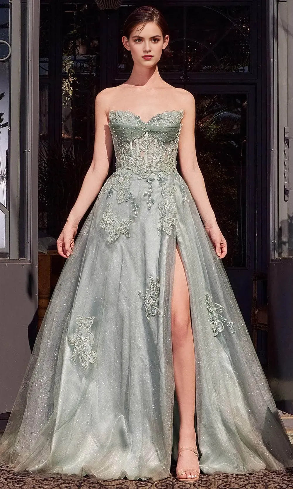 Black Strapless Glitter Prom Dress with Appliqués and High Side Slit for Formal Evening Occasions
