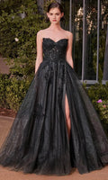 Black Strapless Glitter Prom Dress with Appliqués and High Side Slit for Formal Evening Occasions