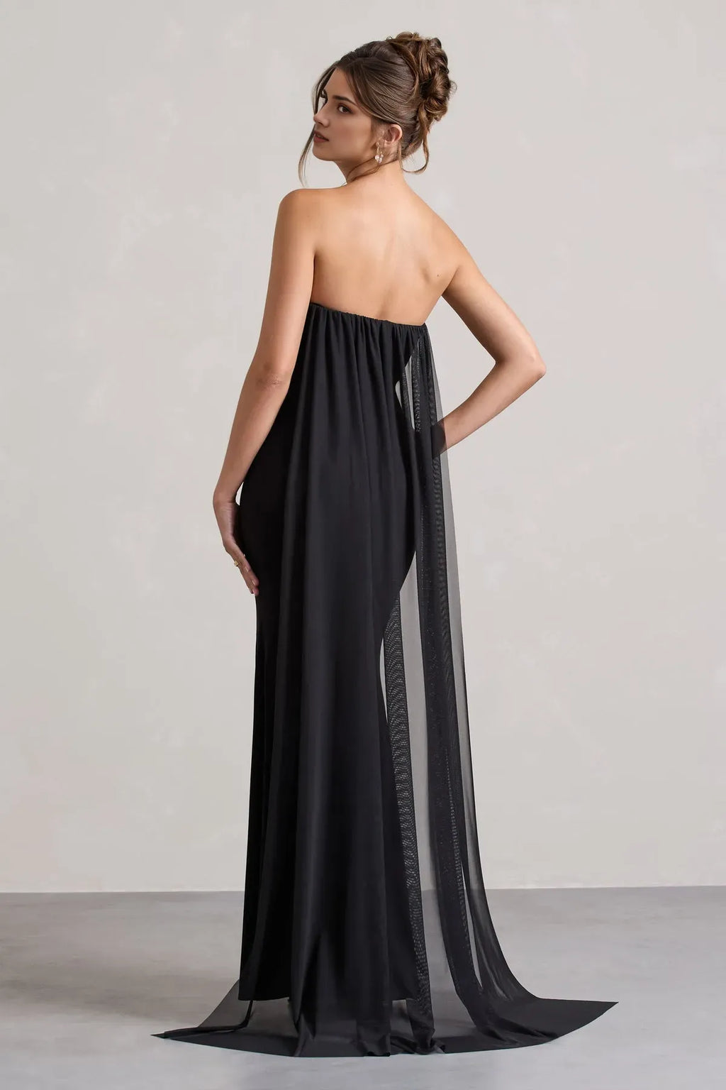 Black Strapless Prom Dresses with Sheer Drape Floral Accen and Side Slit for Formal Soirées