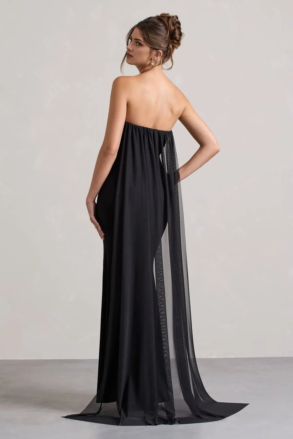 Black Strapless Prom Dresses with Sheer Drape Floral Accen and Side Slit for Formal Soirées