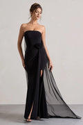 Black Strapless Prom Dresses with Sheer Drape Floral Accen and Side Slit for Formal Soirées
