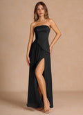 Black Strapless Prom Dress with Asymmetric Bodice and Pleated High - Slit Skirt for Formal Galas