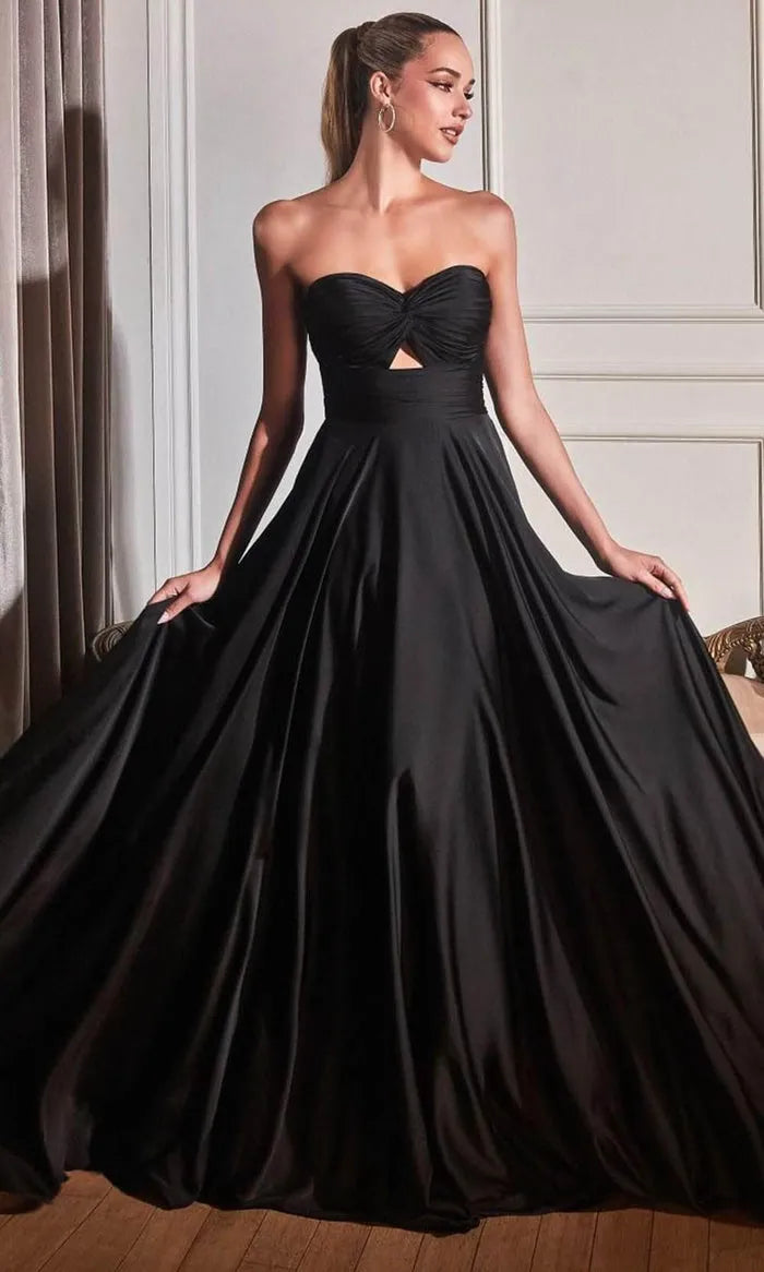Black Strapless Prom Gown with Cut Out Detail and Flowy Skirt Crafted from Luxurious - Like Fabric for Formal Occasions