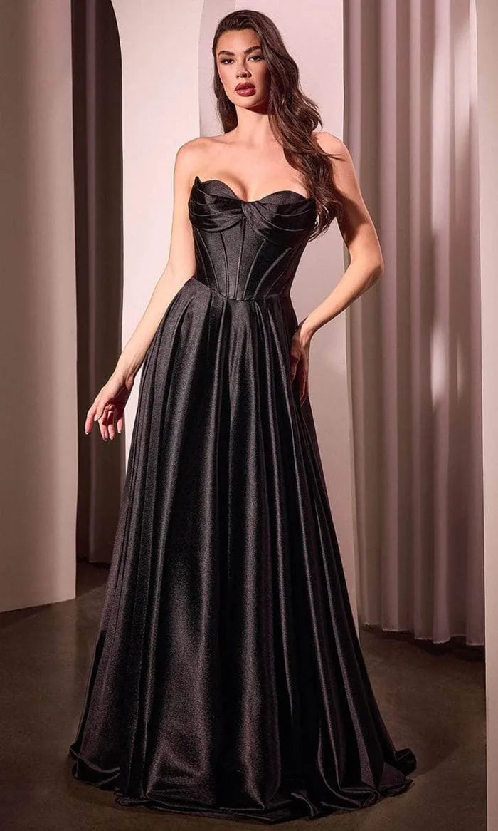 Black Strapless Ball Gown with Bow Detailed Corset Top for Prom Formal Occasions