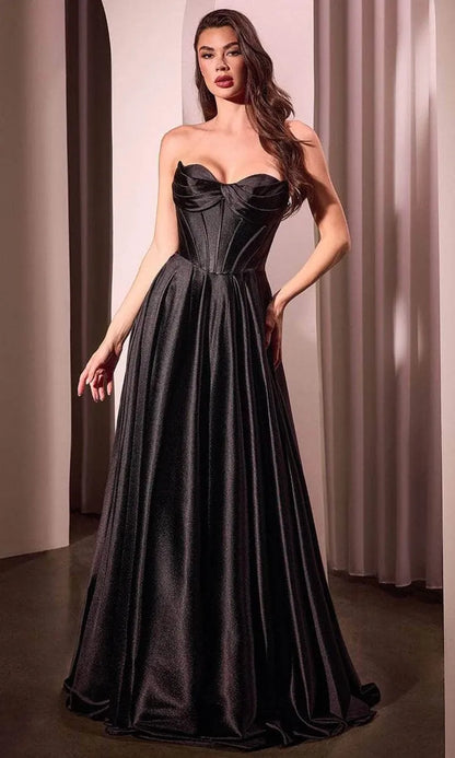 Luxurious Black Lace A-Line Strapless Classic-Sleeve Lace-Up-Back Floor-Length Prom Dress
