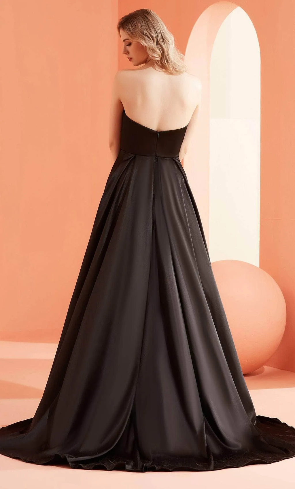 Black Strapless Evening Gown featuring Draped Neckline Detail and High - Slit Design
