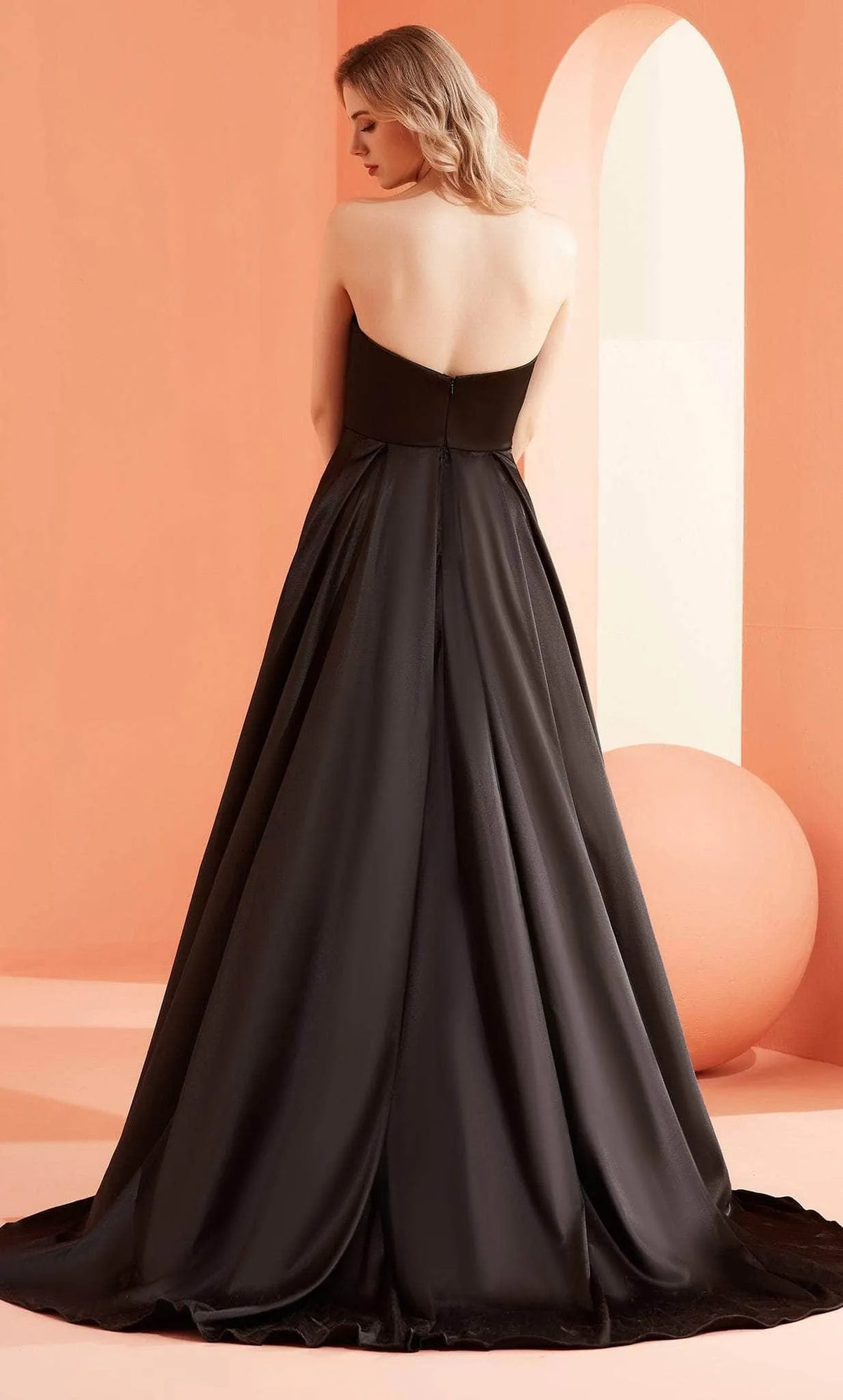 Black Strapless Evening Gown featuring Draped Neckline Detail and High - Slit Design