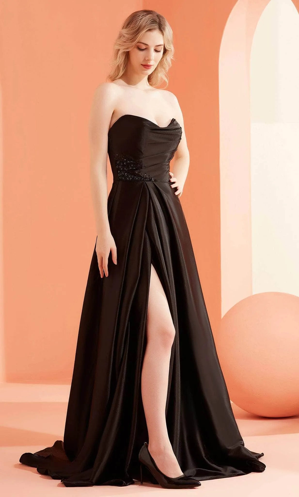 Black Strapless Evening Gown featuring Draped Neckline Detail and High - Slit Design