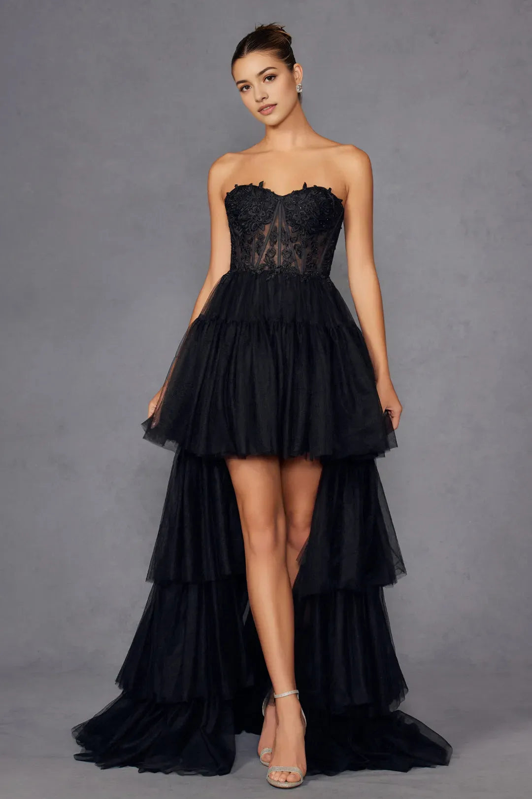 Black Strapless Tiered Prom Dress with - Bodice, High - Low Hemline for Formal Occasions