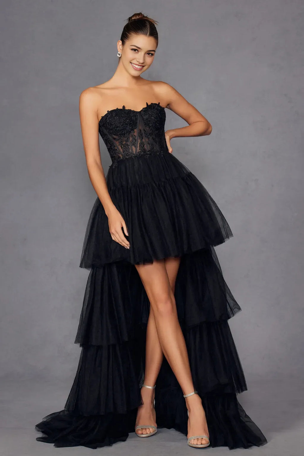 Black Strapless Tiered Prom Dress with - Bodice, High - Low Hemline for Formal Occasions