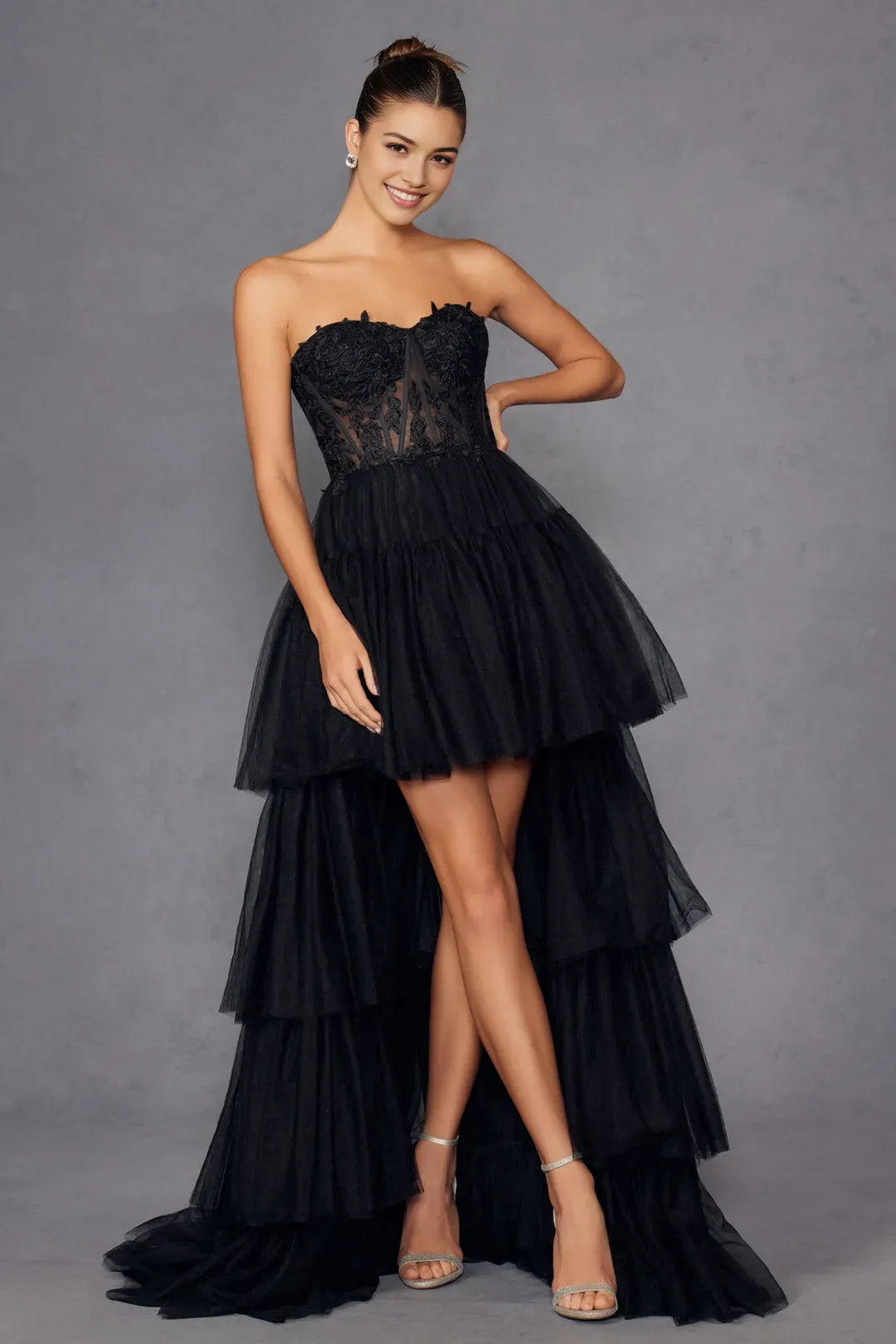Black Strapless Tiered Prom Dress with - Bodice, High - Low Hemline for Formal Occasions