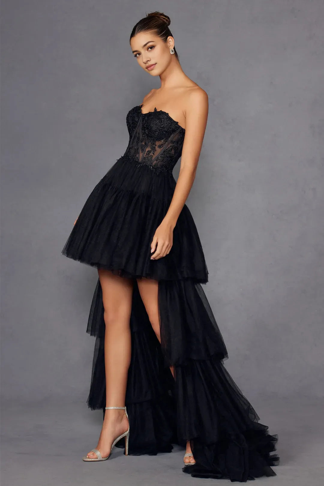 Black Strapless Tiered Prom Dress with - Bodice, High - Low Hemline for Formal Occasions