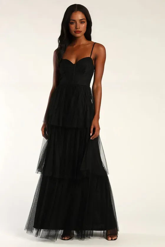 Black Evening Dresses with Spaghetti Straps Sweetheart Neckline Tiered Maxi Skirt Command Attention