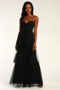 Black Evening Dresses with Spaghetti Straps Sweetheart Neckline Tiered Maxi Skirt Command Attention