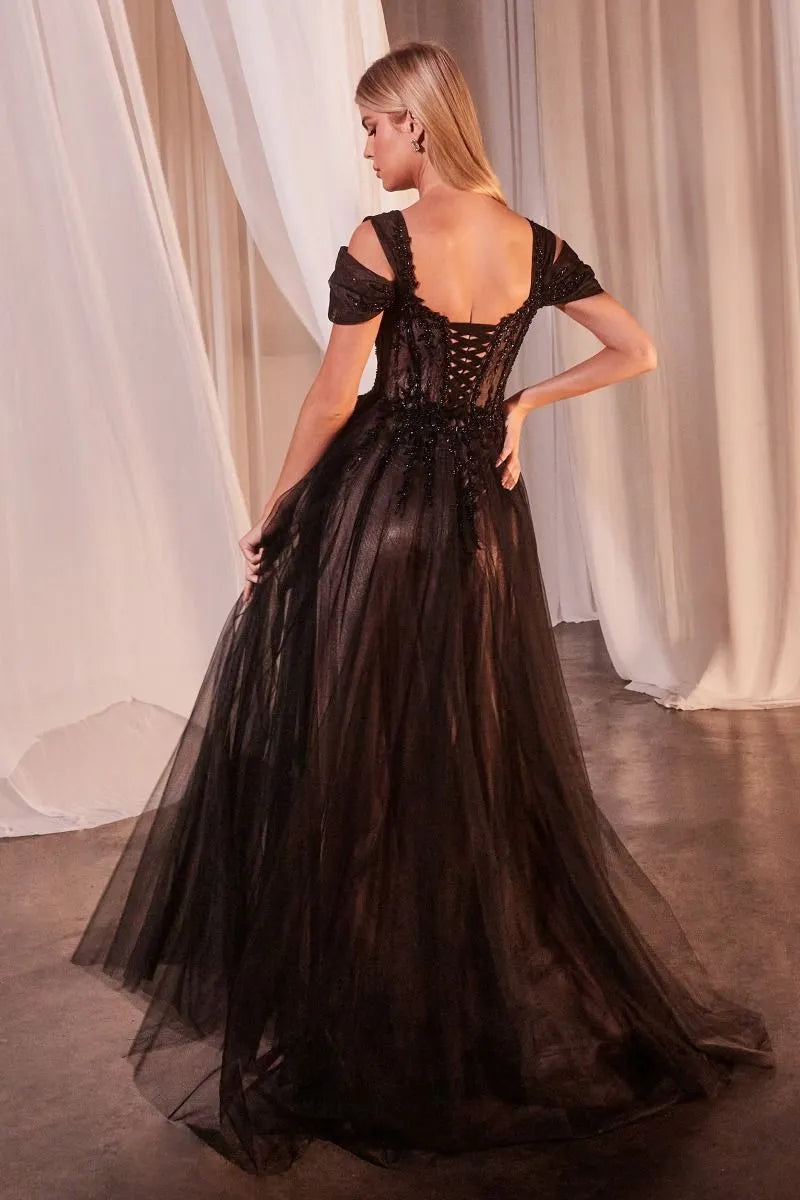 Black Prom Dress with Off - Shoulder Sleeves Illusion Bodice and Flowy Skirt for Formal Occasions