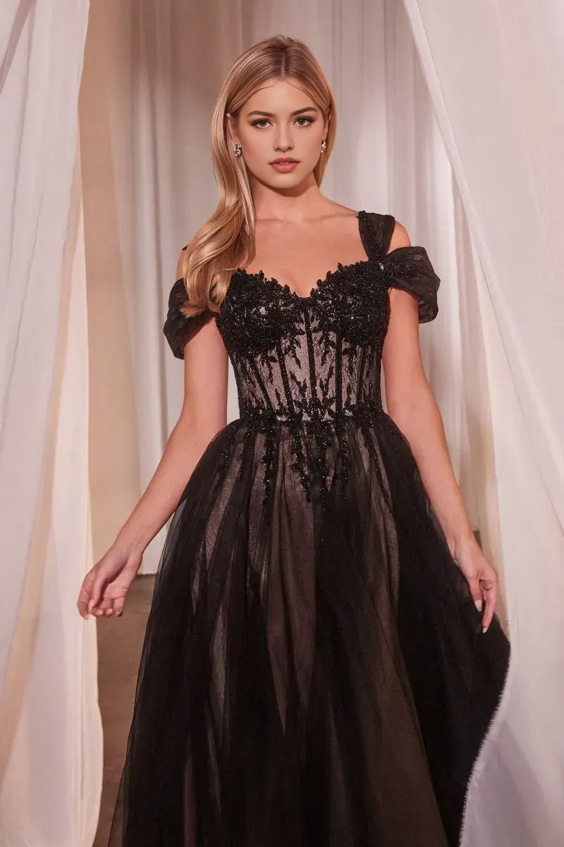 Black Prom Dress with Off - Shoulder Sleeves Illusion Bodice and Flowy Skirt for Formal Occasions