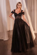 Black Prom Dress with Off - Shoulder Sleeves Illusion Bodice and Flowy Skirt for Formal Occasions
