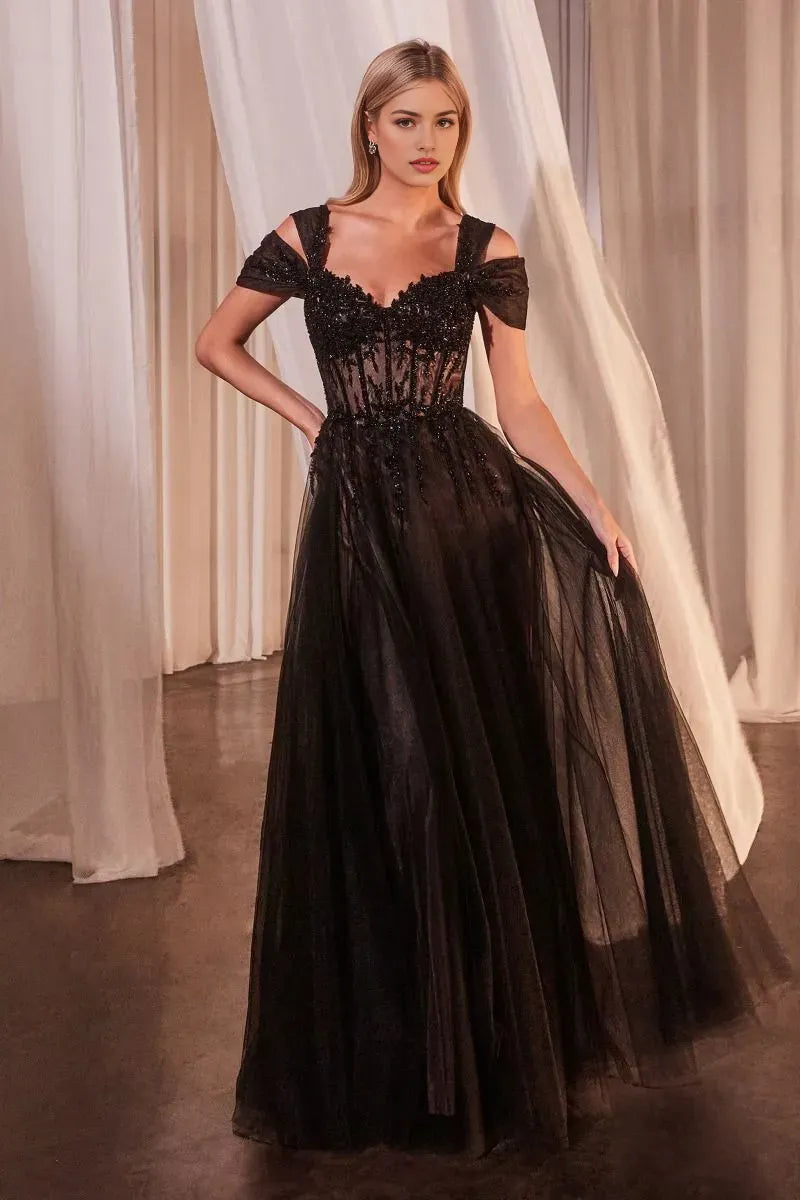 Black Prom Dress with Off - Shoulder Sleeves Illusion Bodice and Flowy Skirt for Formal Occasions