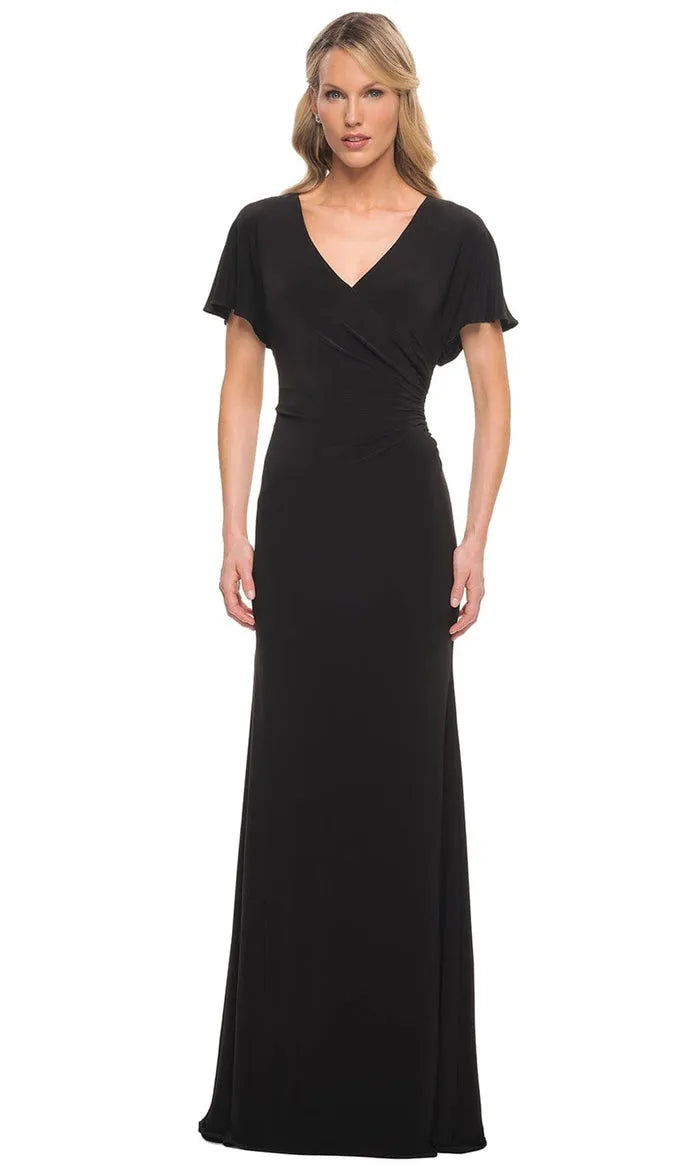 Black V - Neck Evening Gown with Flutter Sleeves and Draped Waist Detailing for Formal Occasions