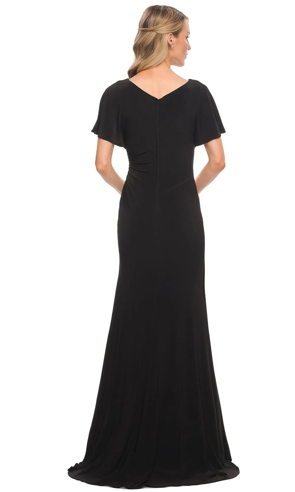 Black V - Neck Evening Gown with Flutter Sleeves and Draped Waist Detailing for Formal Occasions